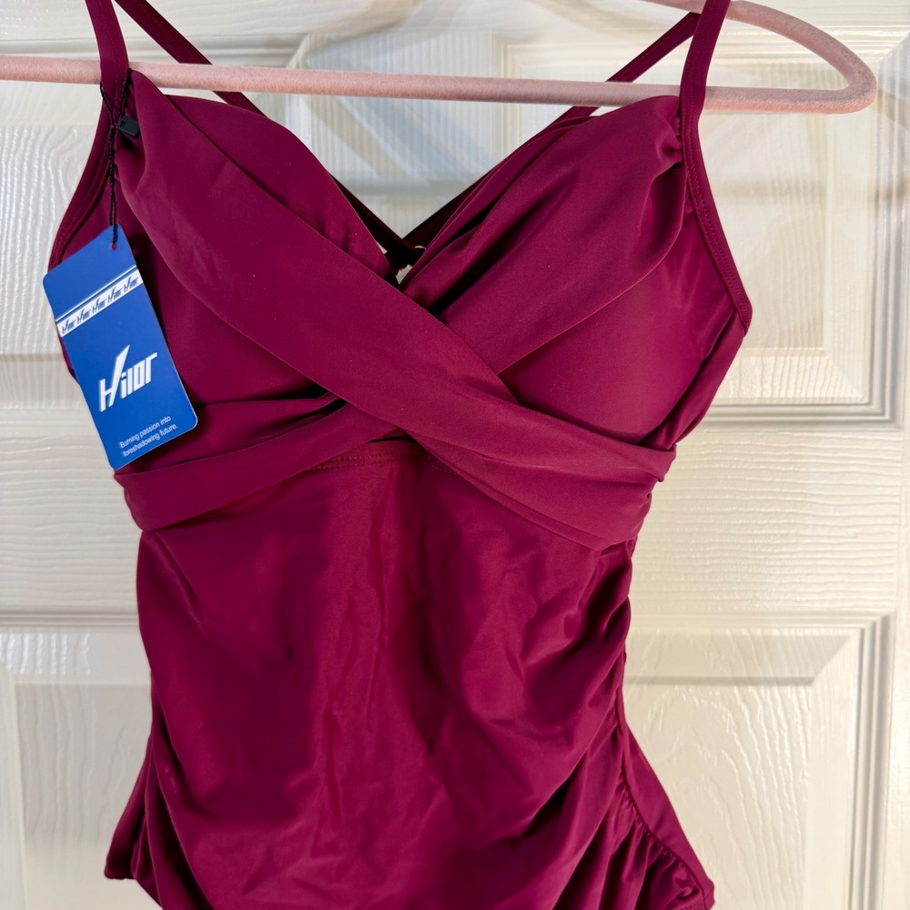 Hilor Womens Wrap Ruched Tankini Swim Top Burgundy/ US size 8-TOP ONLY